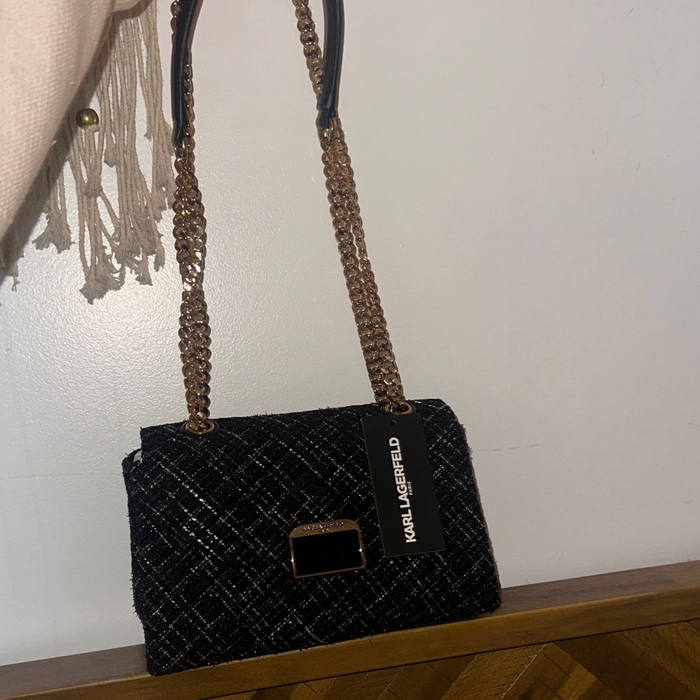 Karl Lagerfeld Black and Gold Tweed Shoulder Bag NWT - Picture 5 of 6